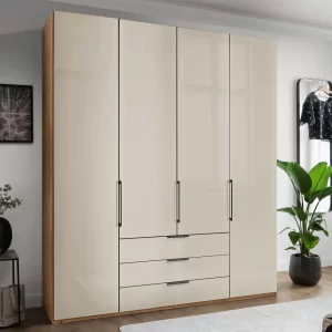 armario de 4 puertas, 2 plegables, 2 abatibles y 3 cajones en acabado cristal blanco y armazón roble de 200 cm