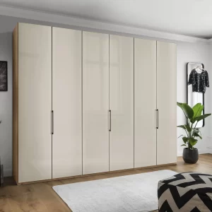 armario de 6 puertas plegables en acabado cristal champán y armazón roble de 300 cm