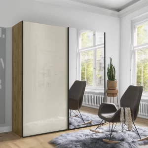 ARMARIO 2 PUERTAS CORREDERAS FRONTAL CRISTAL CHAMPÁN | ARMAZÓN ROBLE| 200 CM