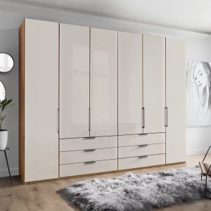 ARMARIO 6 PUERTAS: 4 PLEGABLES, 2 ABATIBLE Y 6 CAJONES CRISTAL DECOR CHAMPÁN | ARMAZÓN ROBLE | 300 CM