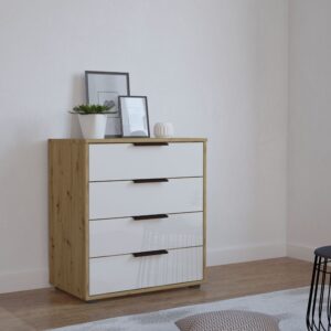 Cómoda Bremen 40cm cristal blanco armazón roble en dormitorio